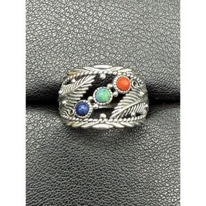 New Condition Turquoise Lapis Silver Feathers Band Ring 925 Size 7 J30